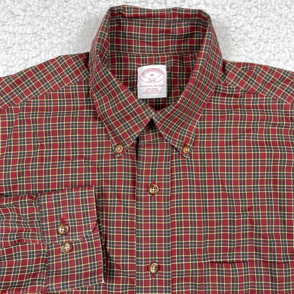 Brooks Brothers Shirt Mens M Red Plaid 346 Non Iron Preppy Classic Academic